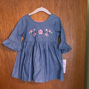 Blue Floral Embroidered Kids Dress with Leggings